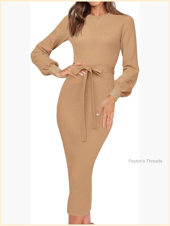 Dresses & Skirts - Womens Ribbed Knit Bodycon Midi Sweater Dress Puff Long Sleeve Work
